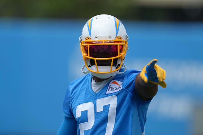 Jun 14, 2022; Costa Mesa, California, USA; Los Angeles Chargers cornerback J.C. Jackson (27) during minicamp at the Hoag Performance Center. Mandatory Credit: Kirby Lee-USA TODAY Sports
